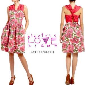 Anthropologie Electric LOVE Light Pink Green Floral Sleeveless Tulle Silk Dress